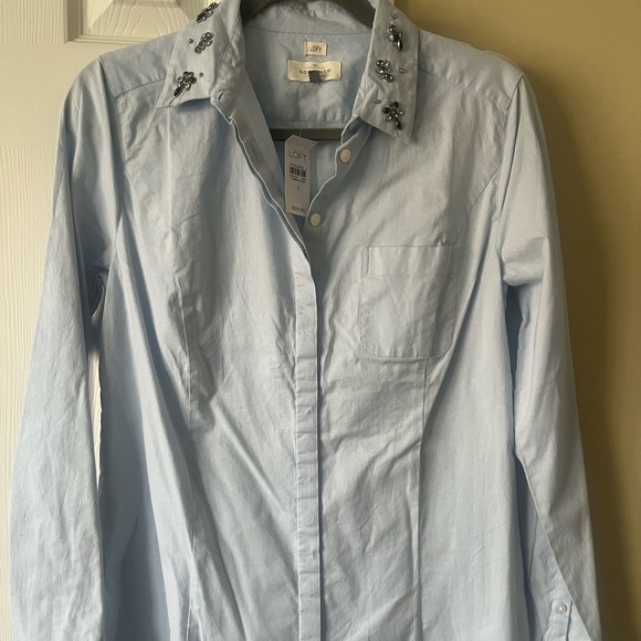 LOFT Jeweled Neck Button Down Fitted Blouse, Small - Picture 1 of 3
